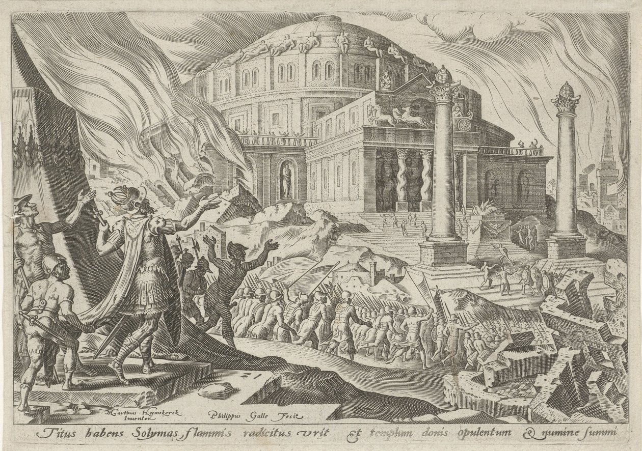 Keisari Titus tuhosi Jerusalemin The Days of Doom of the Jewish People (sarjan nimi) tekijältä Philips Galle