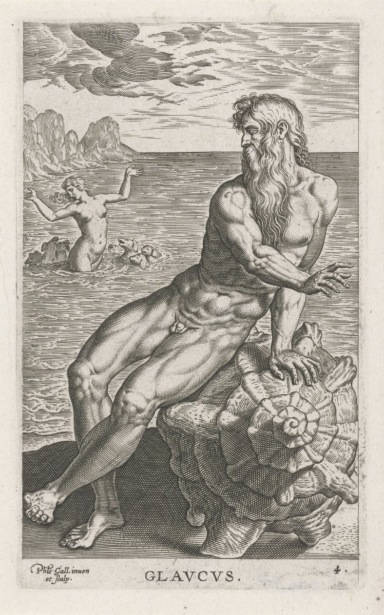 Zeegod Glaucus Glavcvs (otsikko objektissa) Rivier- en zeegoden (sarjan nimi) Tyylikkäitä muotokuvia meren puolijumalista ja Amnicus-hylkeistä (sarjan nimi) tekijältä Philips Galle