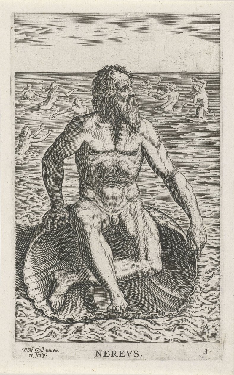 Zeegod Nereus Nerevs (otsikko esineessä) Rivier- en zeegoden (sarjan nimi) Tyylikkäitä muotokuvia meren puolijumalista ja Amnicus-hylkeistä (sarjan nimi) tekijältä Philips Galle