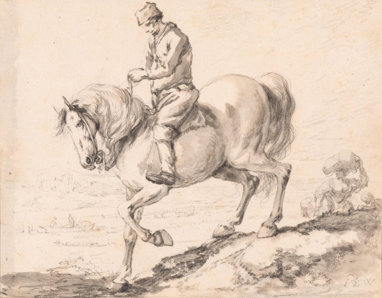 Ratsastaja ylittää puron hevosellaan tekijältä Philips Wouwerman
