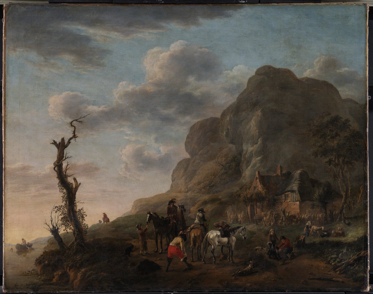 Maisema ja levähtäviä ratsastajia tekijältä Philips Wouwerman