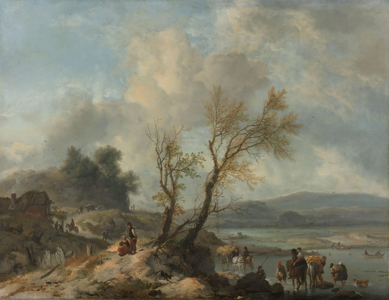 Maisema hiekkapolulla joen vieressä tekijältä Philips Wouwerman