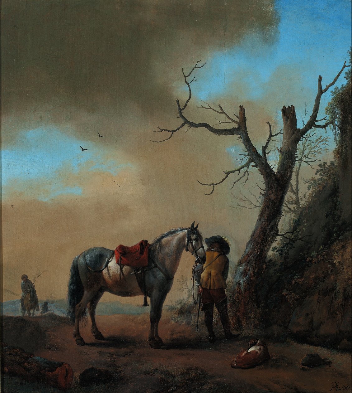 Maisema valkoisen hevosen ja ratsastajan kanssa, n. 1647 tekijältä Philips Wouwerman