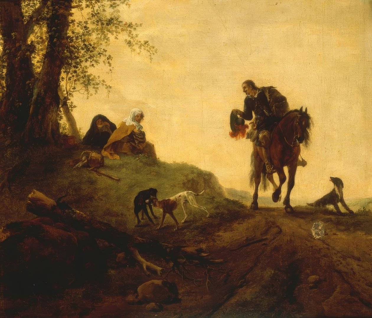 Maisema, jossa ratsastaja pitelee kahta F. tekijältä Philips Wouwerman