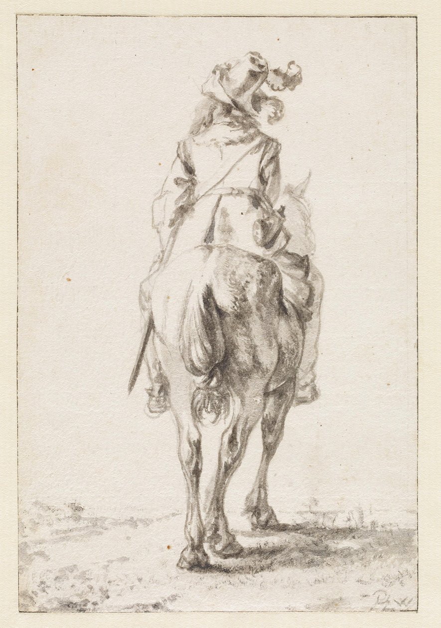 Ratsastaja hevosen selässä takaapäin nähtynä tekijältä Philips Wouwerman
