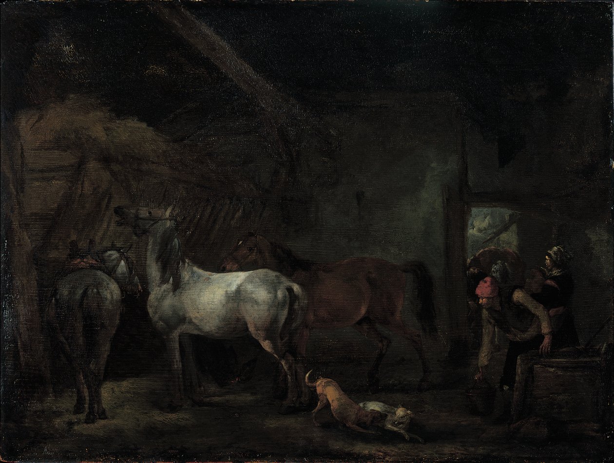 Talli, jossa on kolme hevosta tekijältä Philips Wouwerman