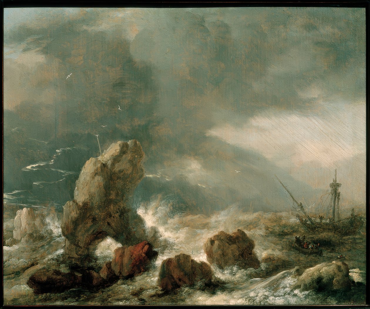 Myrskyinen meri, jossa kolme laivaa hädässä tekijältä Philips Wouwerman