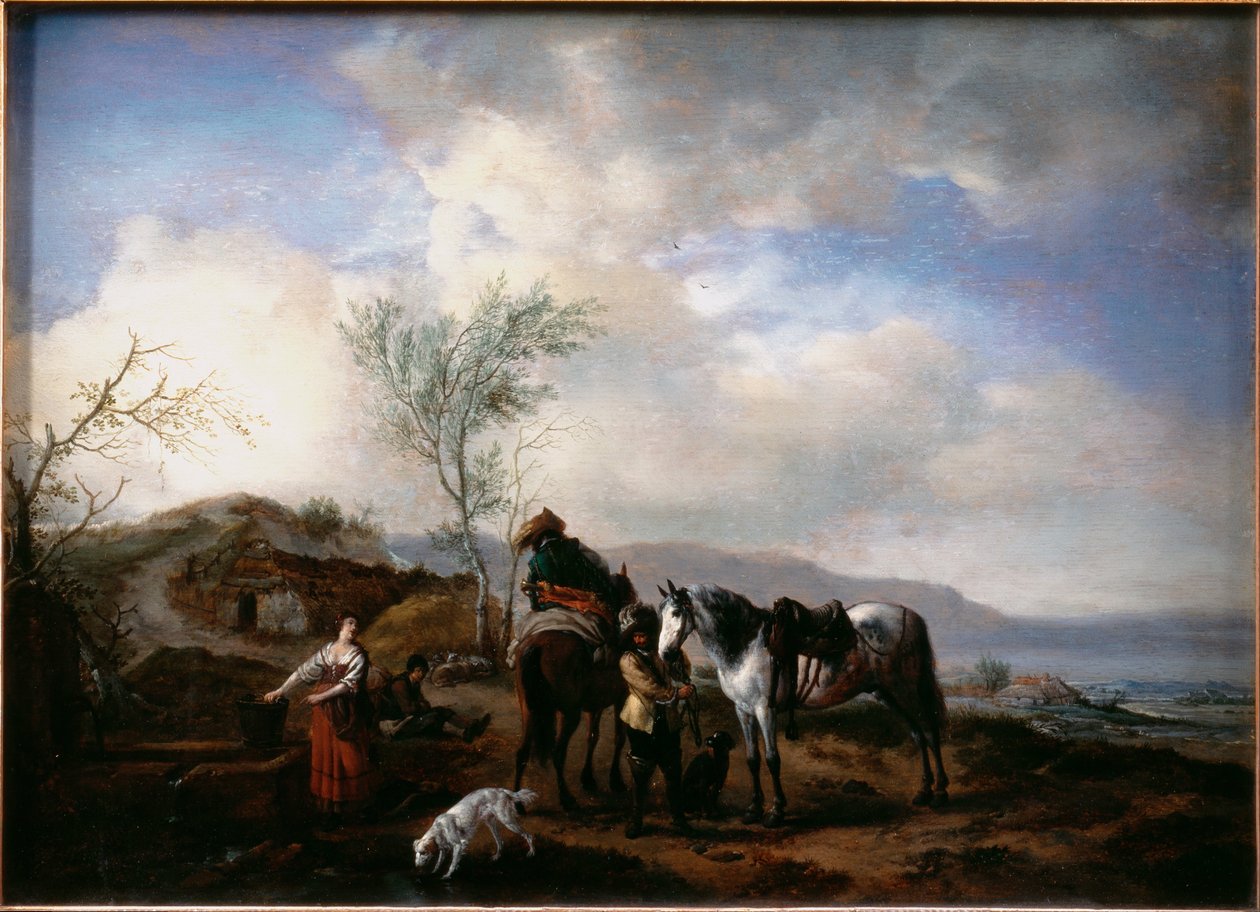 Kaksi ratsastajaa suihkulähteen luona tekijältä Philips Wouwerman