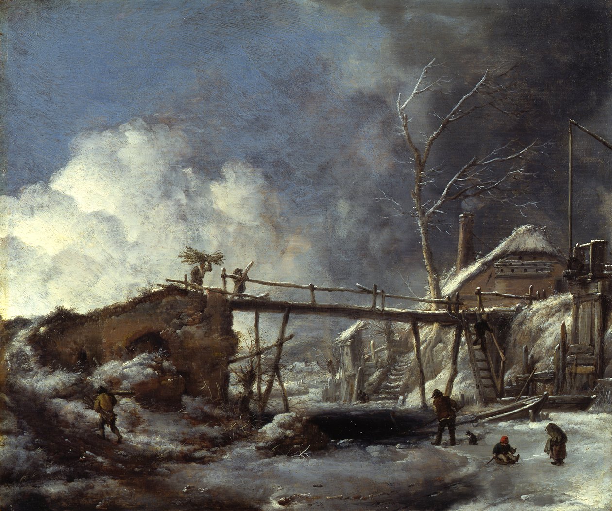 Talvimaisema ja puinen kävelysilta tekijältä Philips Wouwerman