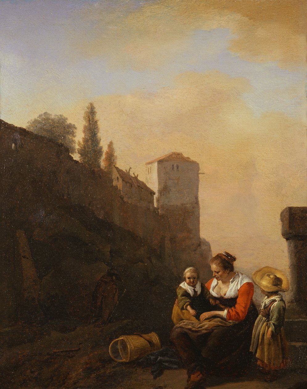 Talonpoika ja kaksi lasta lepäämässä tornin edessä Italiassa (öljy kankaalle) tekijältä Philips Wouwermans or Wouvermans
