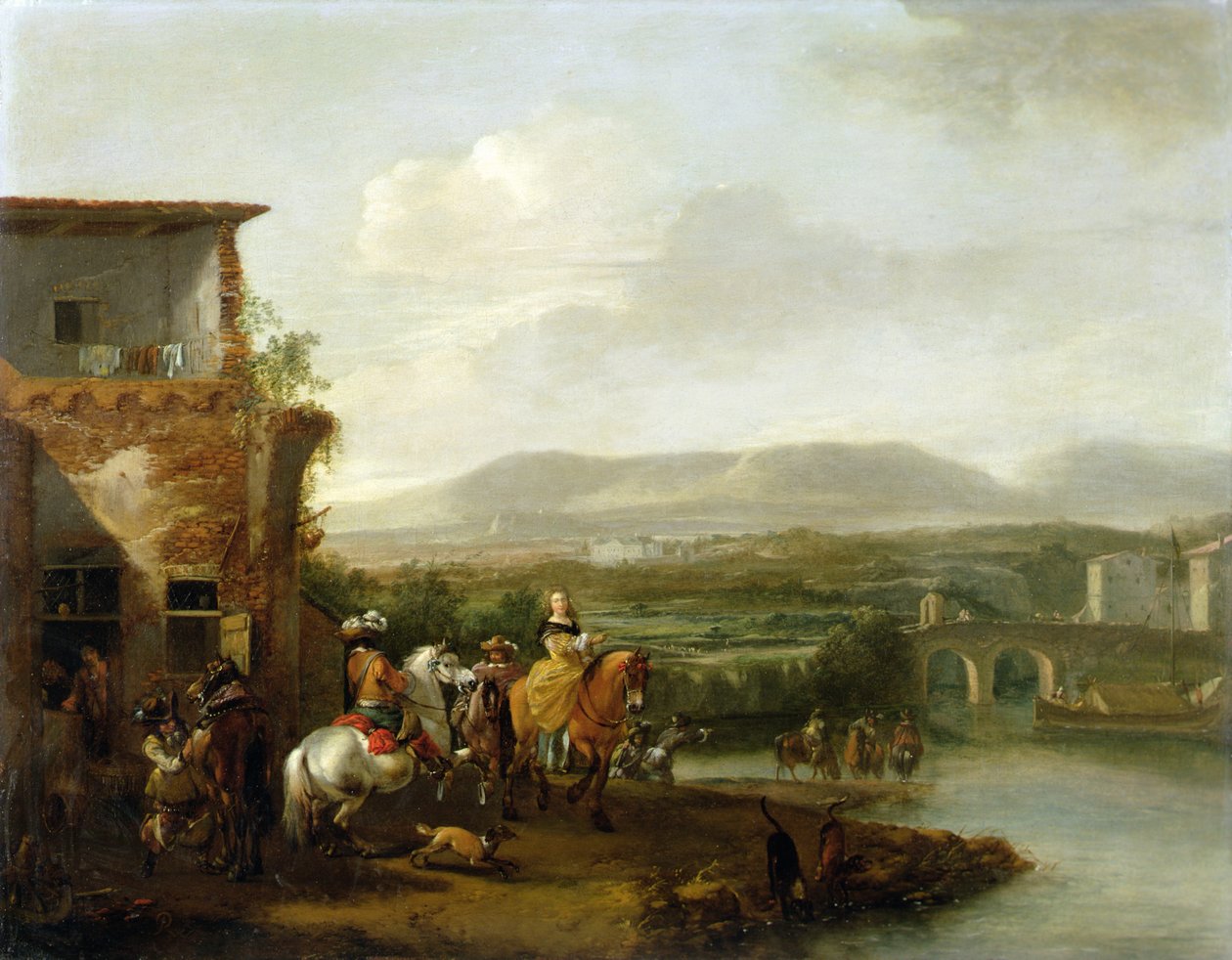 Tyylikkäät ratsastusjuhlat maatilan ulkopuolella joen rannalla (öljy kankaalle) tekijältä Philips Wouwermans or Wouvermans