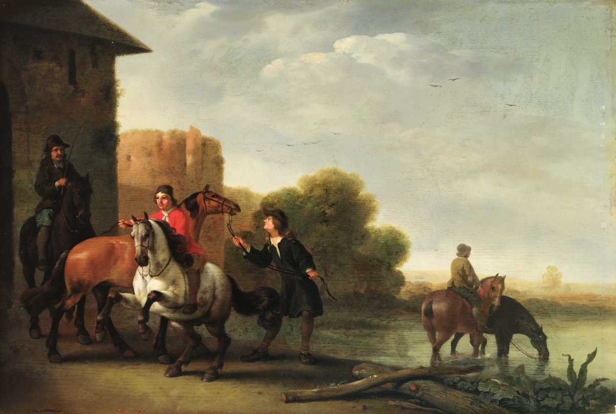 Ratsastajat juottavat hevosiaan tekijältä Philips Wouwermans or Wouvermans