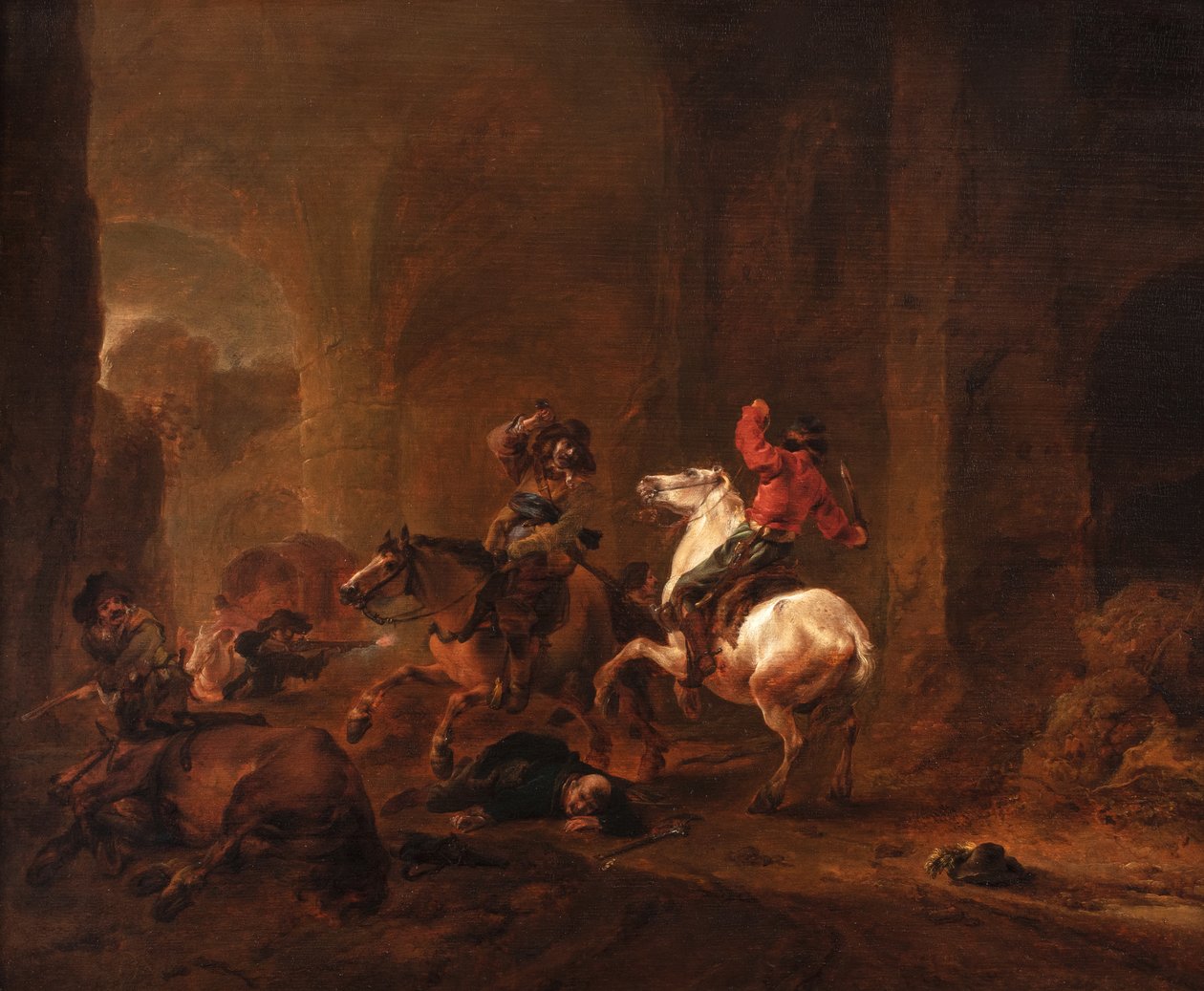 Rosvot väijyttävät matkustajia polulla raunioiden keskellä, n. 1635-1650 (öljy paneelissa) tekijältä Philips Wouwermans or Wouwerman