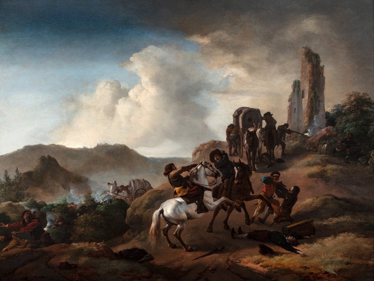 Rosvot väijyttävät matkustajia polulla italialaisessa maisemassa, n. 1640-50 (öljy paneelissa) tekijältä Philips Wouwermans or Wouwerman