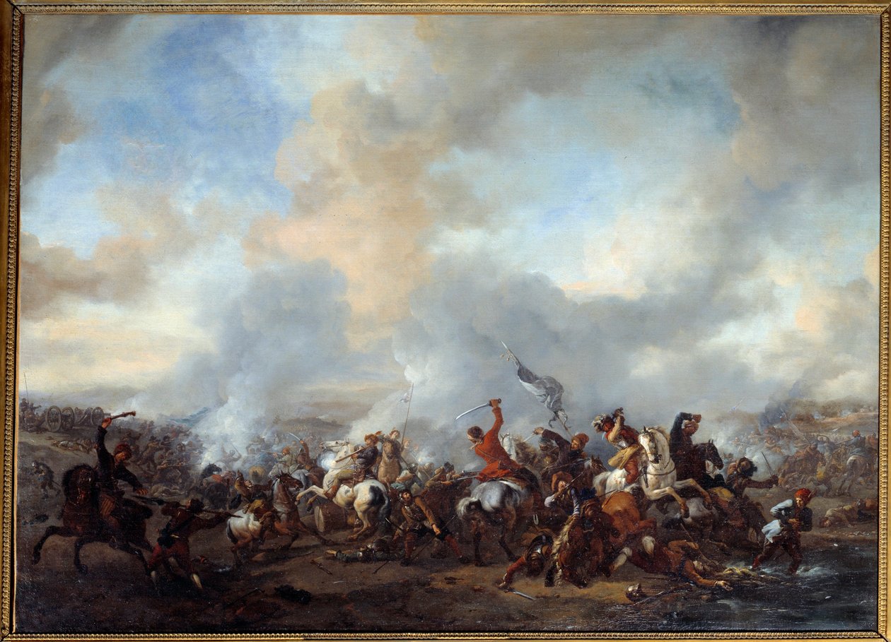 Mahtava ratsastajien ja jalkaväen taistelu Philips Wouwermanin (1619-1668) maalaus 1600-luvun su. 0,99x1,35 m tekijältä Philips Wouwermans or Wouwerman
