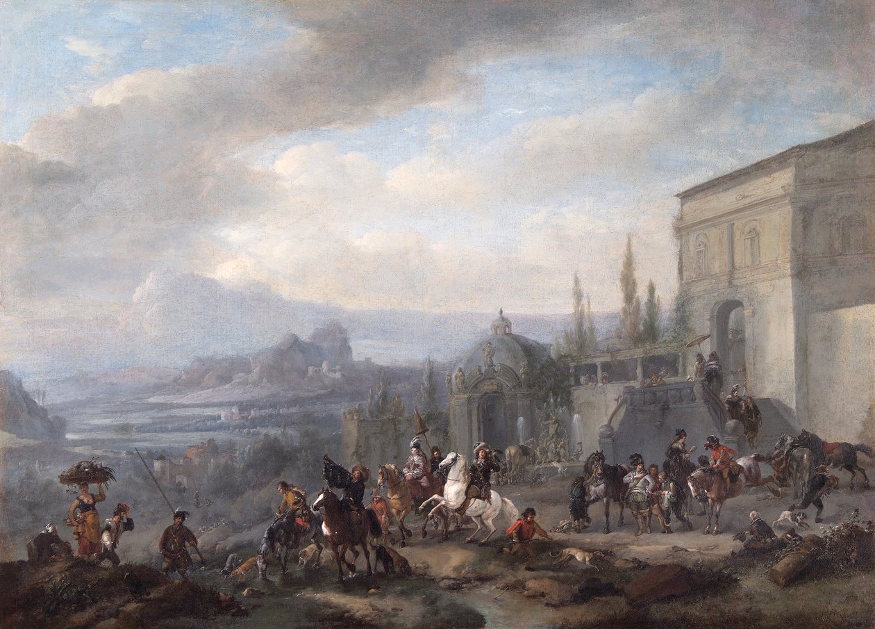 The Departure Of A Hawking Party, noin 1650 jälkeen (öljy kankaalle) tekijältä Philips Wouwermans or Wouwerman