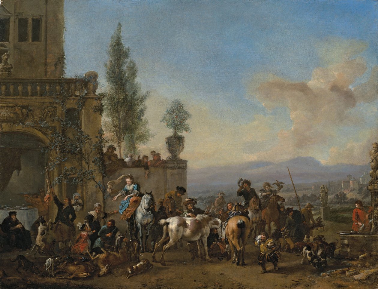 Paluu metsästä (öljy paneeliin) tekijältä Philips Wouwermans or Wouwerman
