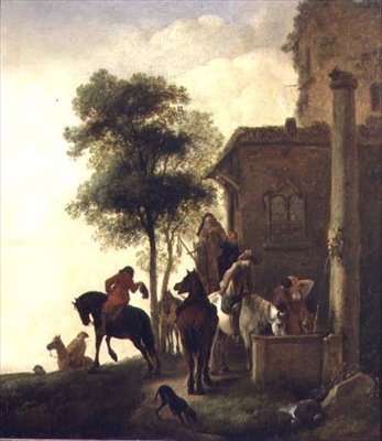 Matkailijat juottavat hevosiaan majatalon ulkopuolella (öljy paneelille) tekijältä Philips Wouwermans or Wouwerman