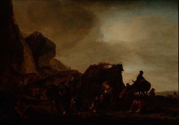 Matkailijat ja kerjäläiset raunioituneen majan luona tekijältä Philips Wouwermans or Wouwerman