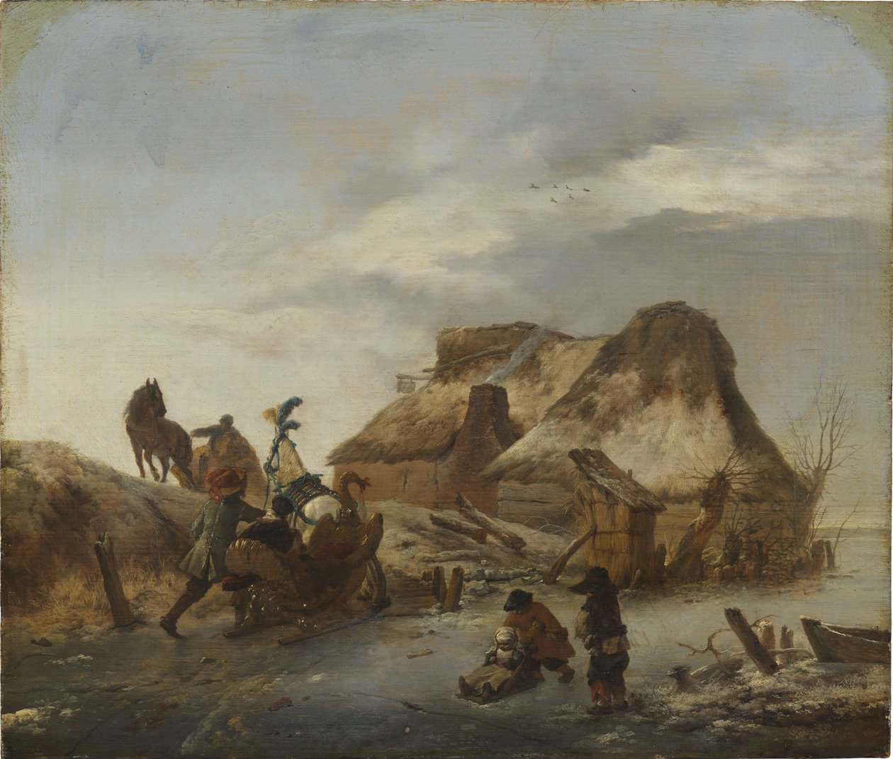 Un noble en traineau sur la glace - Aatelismiehen reki jäällä, Wouwerman, Philips (1619-1668). Öljy puulle, c. 1646. Mitat : 36x43 cm. Tukholman kansallismuseo tekijältä Philips Wouwermans or Wouwerman
