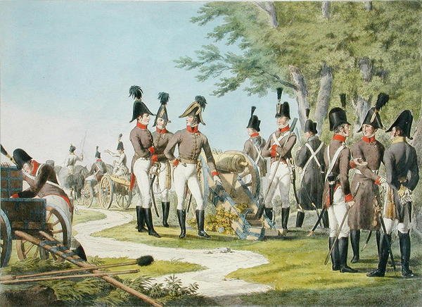 Itävallan keisarillisen kuninkaallisen armeijan uusi tykistö ja varustus Napoleonin sotien jälkeen, n. 1820 (värilitografia). tekijältä Phillip von (after) Stubenrauch