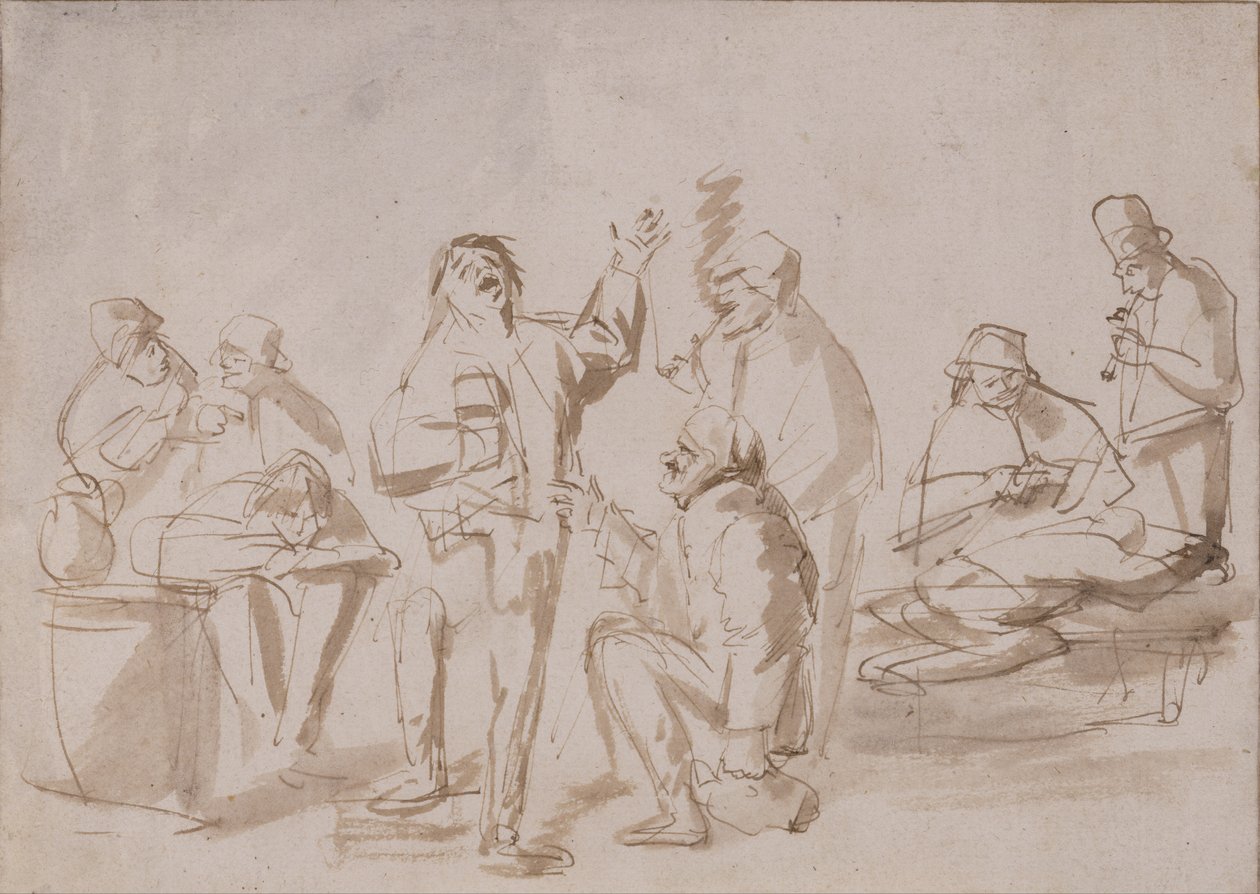 Talonpojat tavernassa, n. 1662 (kynä ja muste pesulla paperille) tekijältä Phillips de Koninck