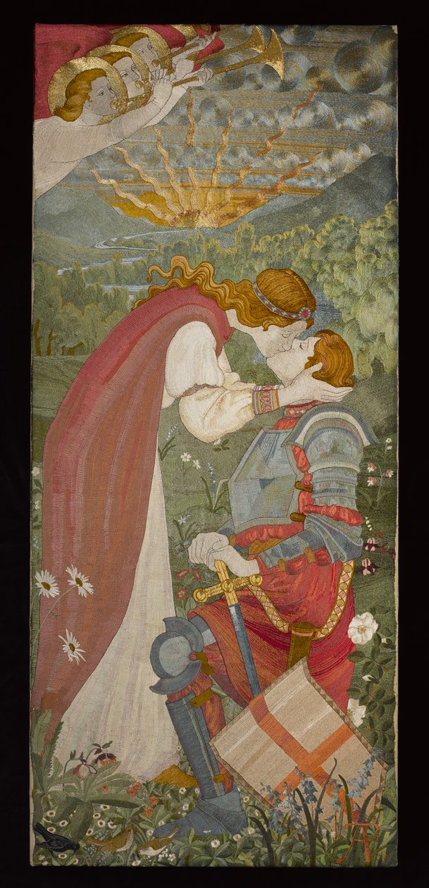 Una suutelee Pyhän Yrjön panssaria, 1914 (kirjonta silkillä ja kullalla) tekijältä Phoebe Anna Traquair