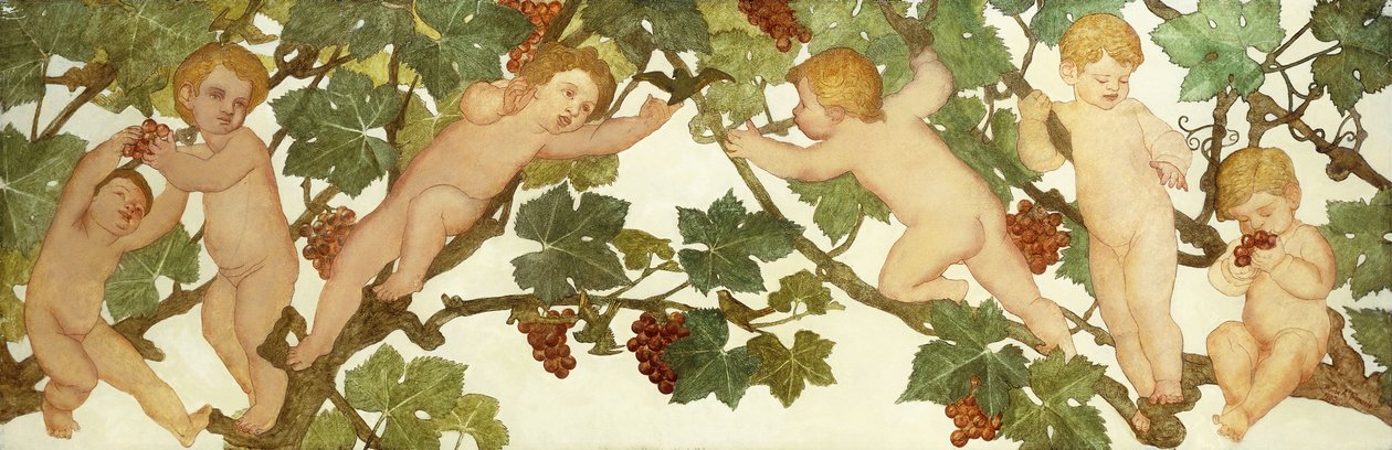 Putti leikkimässä viinitarhassa tekijältä Phoebe Anna Traquair