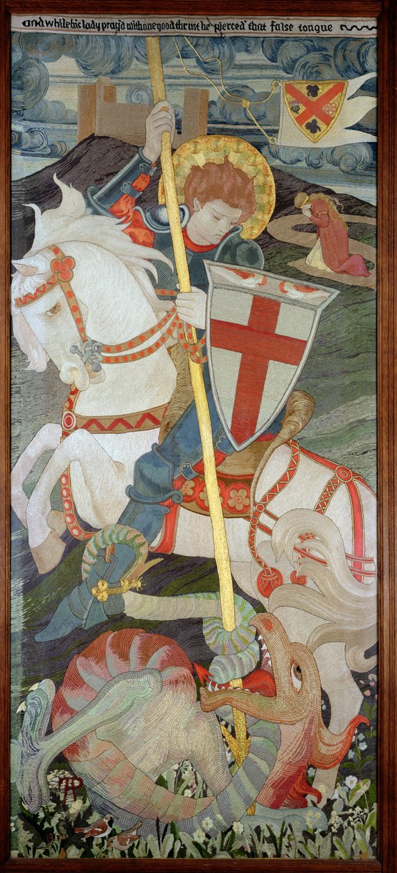 St. George Slaying the Dragon, Una rukoilee taustalla, 1904 (kirjonta) (katso myös 141949 & 51) tekijältä Phoebe Anna Traquair