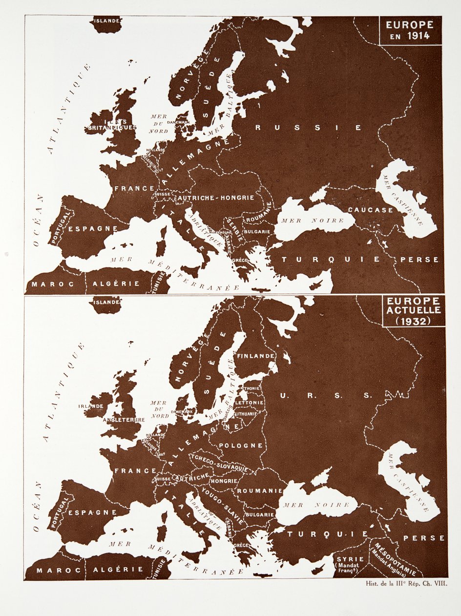 Euroopan kartta vuonna 1914 ja Eurooppa vuonna 1932, Histoire de la Troisieme Republique, Vol. I, Poliittinen historia, pub.1933 (väri litho) tekijältä Photographer French
