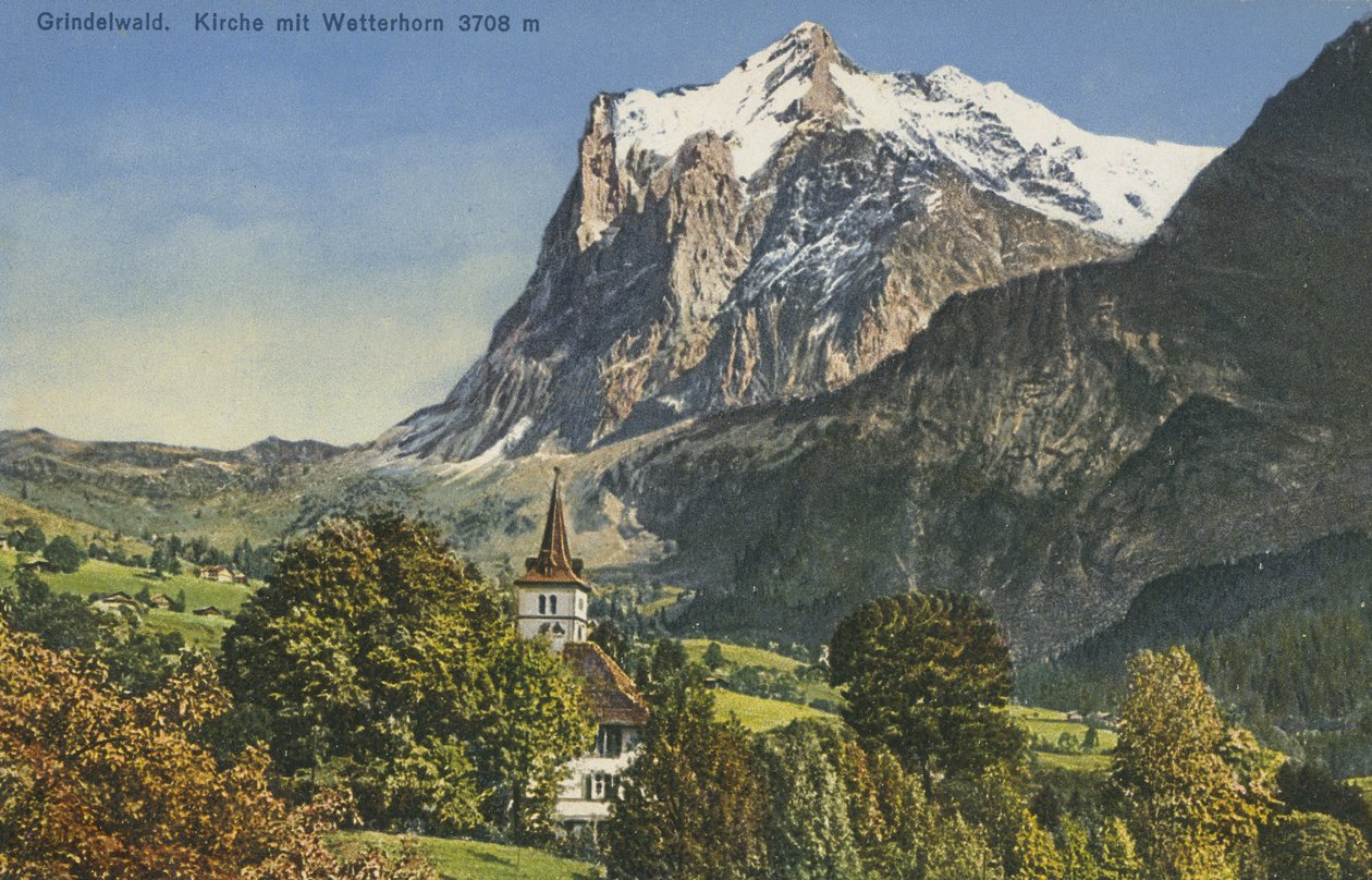Grindelwaldin kirkko ja Wetterhorn, Sveitsi (värikuva) tekijältä Photographer Swiss