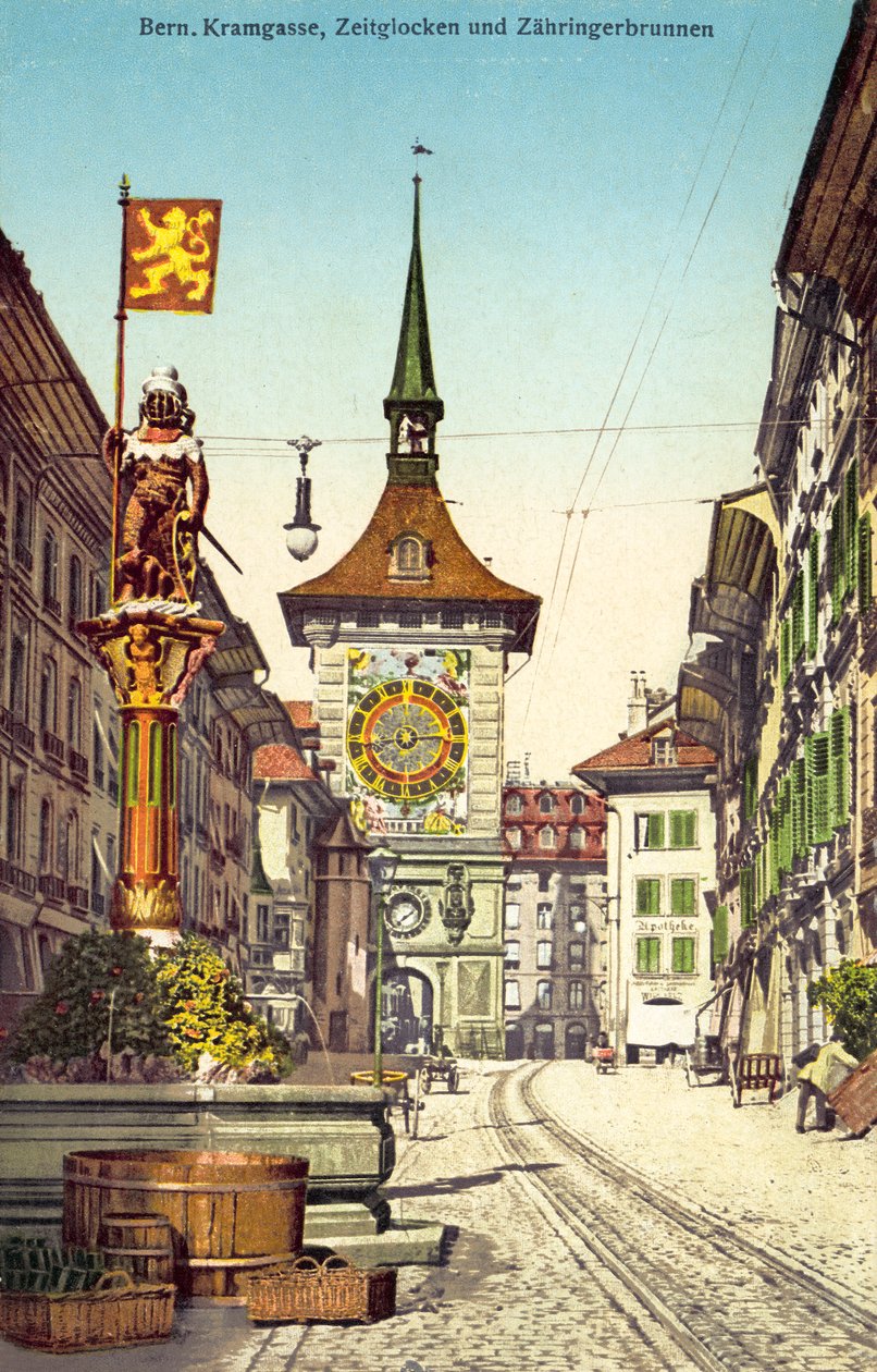Zytgloggen kellotorni ja Zahringerbrunnen-suihkulähde, Kramgasse, Bern, Sveitsi (värikuva). tekijältä Photographer Swiss
