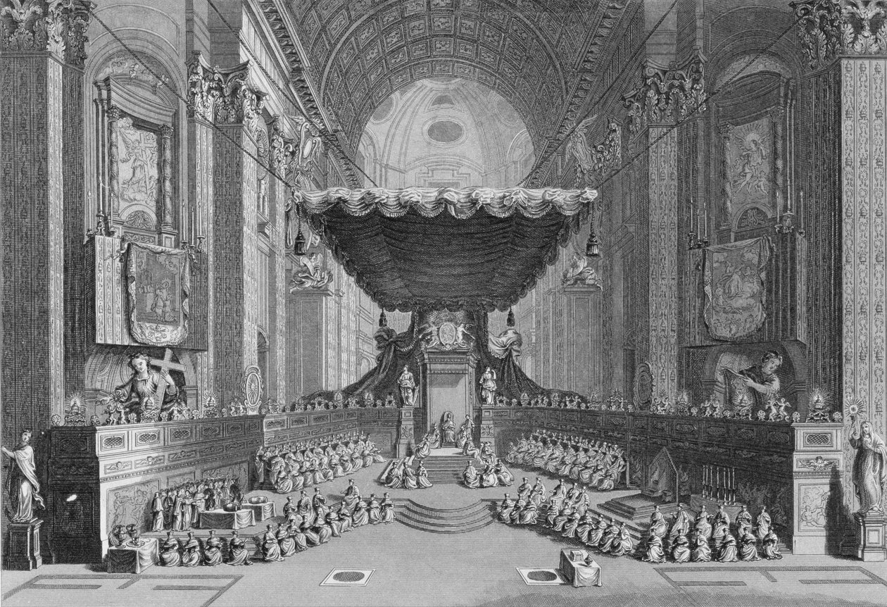 Pyhien kanonisointi Pyhän Pietarin kirkossa Roomassa, vuonna 1712, kaiverrus T. Brownin teoksesta "World Religion", julkaisija A. Fullarton und Co. tekijältä Picart