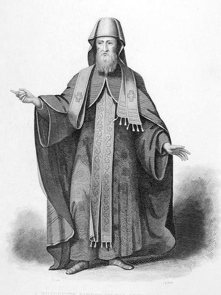 Muskovilainen piispa paavillisessa tapassaan, kaiverrettu J. B. Bird, julkaisusta "World Religion", julkaisija A. Fullarton & Co. (kaiverrus) tekijältä Picart (after)