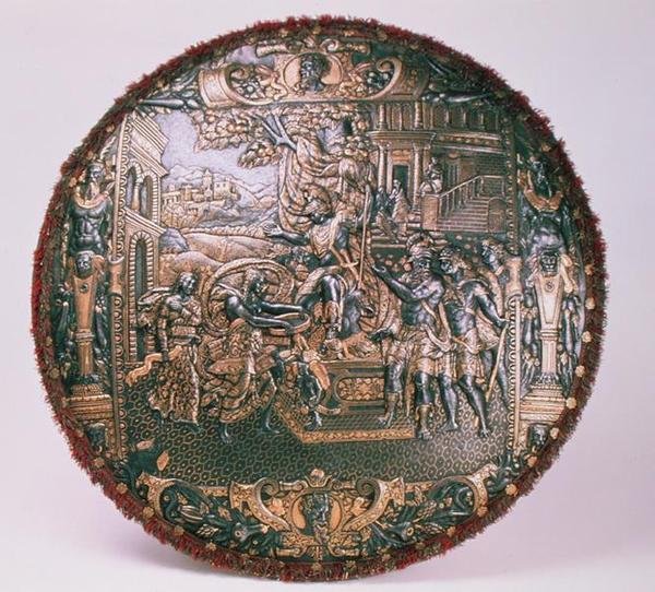 Paraatikilpi, 1570-80 (teräs kulta- ja hopeakoristeella) tekijältä Piccinino workshop