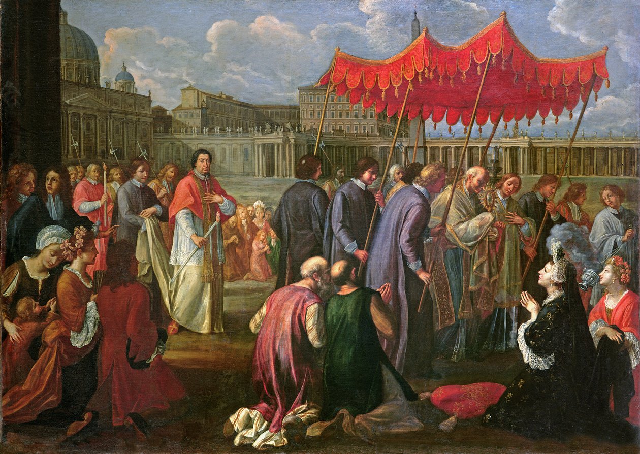 Paavi Klemens XI (1649-1721) kulkueessa Pyhän Pietarin aukiolla Roomassa tekijältä Pier Leone Ghezzi