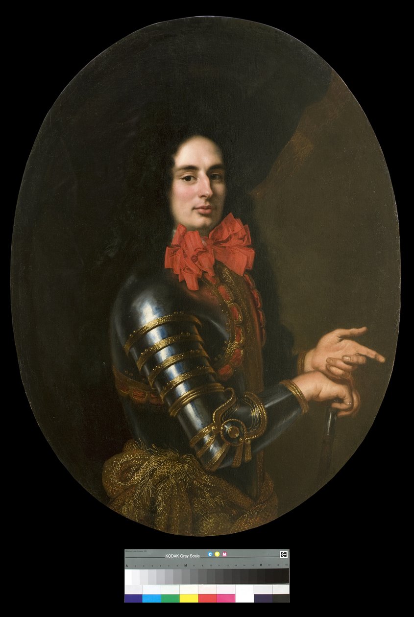 Muotokuva herrasmiehestä, jolla on haarniskat ja punainen huivi, 1650-70 tekijältä Pier Francesco Cittadini
