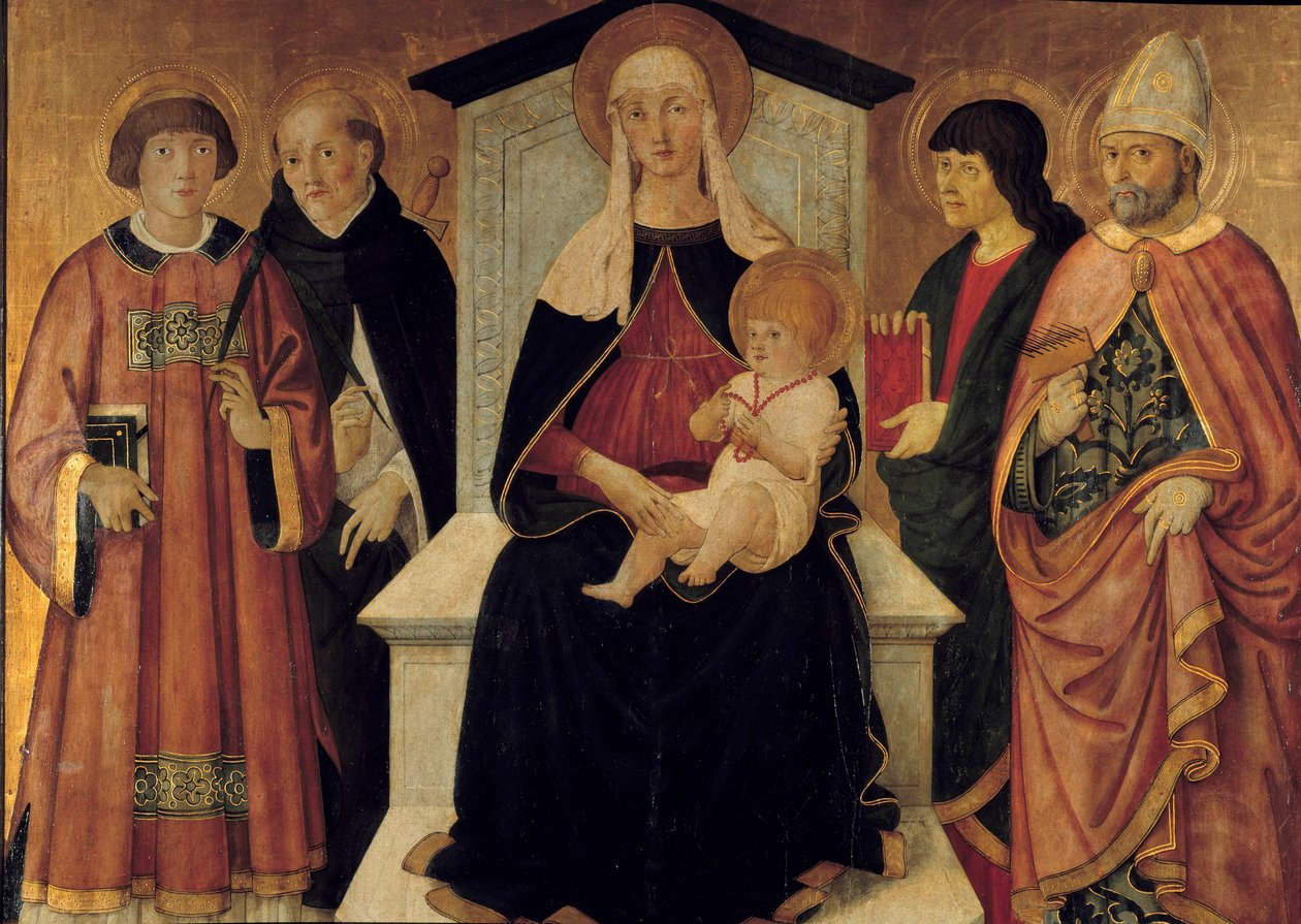 Neitsyt ja lapsi Neitsyttä ympäröivät Saint Laurentin diakoni, Pyhä Pietari, Pyhä Johannes ja Saint Blaise de Sebaste. Pier Francesco Fiorentinon alttaritaulu (toimii noin 1475-1500) 1490. Su. 132x143 m. Avignon, Musee du Petro Palais tekijältä Pier Francesco Fiorentino