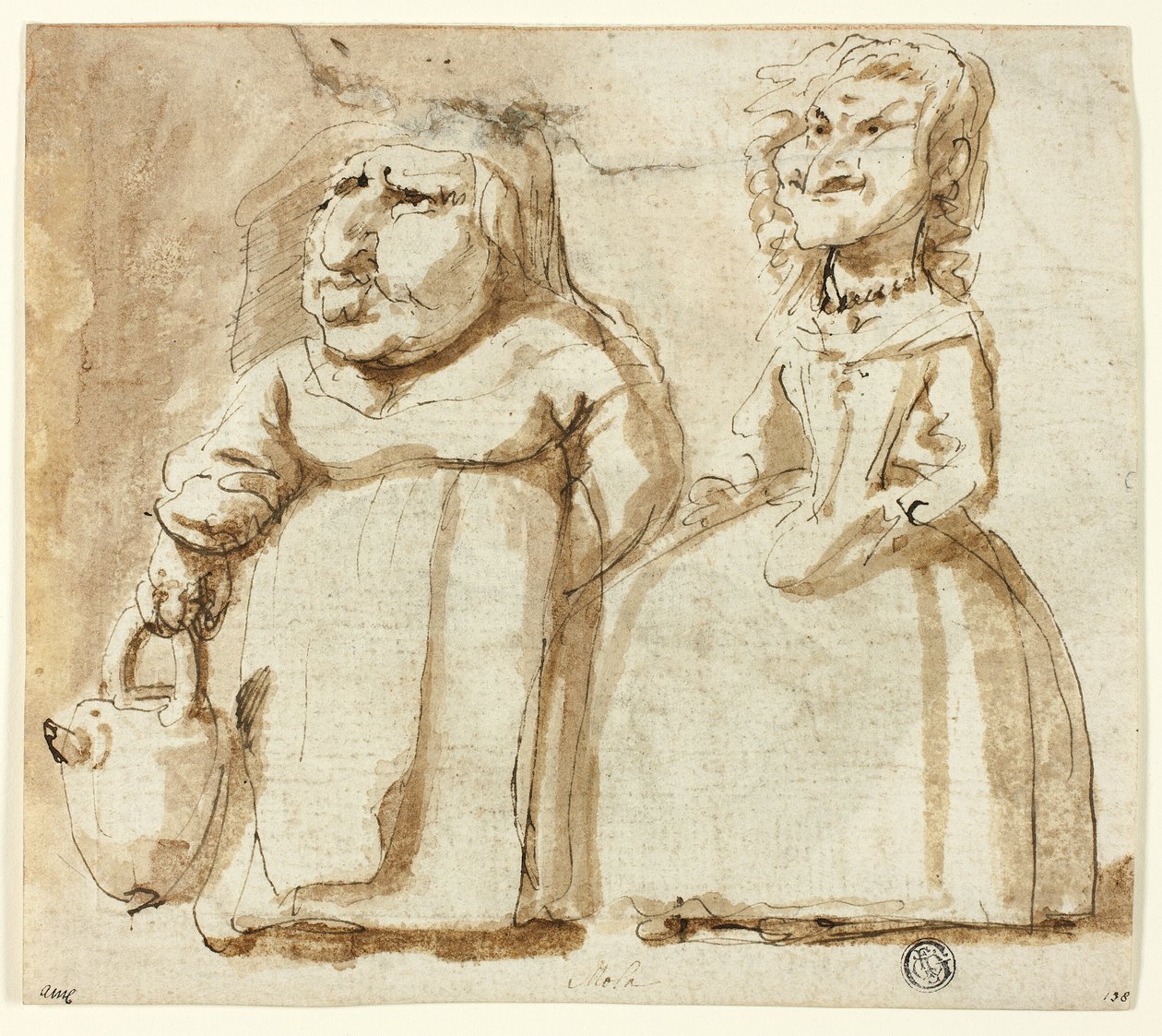 Kahden naisen karikatyyri (etusivu); rukoileva Juudas (kääntöpuoli). tekijältä Pier Francesco Mola