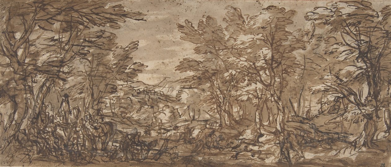 Metsäkohtaus, pysähdys vasemmalla, metsästys keskellä, 1612-66. tekijältä Pier Francesco Mola