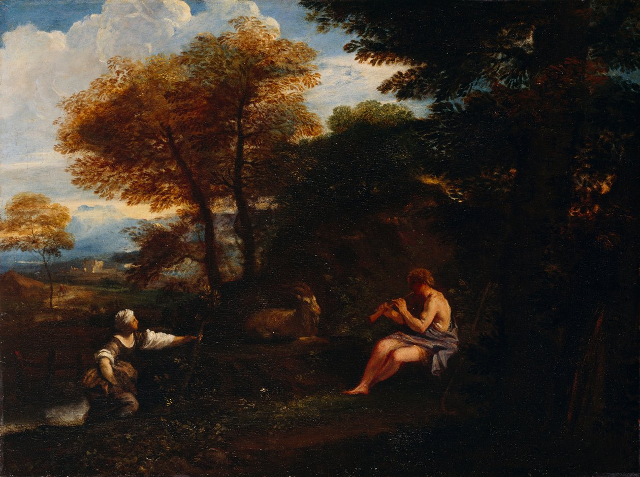 "Maisema paimenen ja paimentaren kanssa", 1600-luku tekijältä Pier Francesco Mola