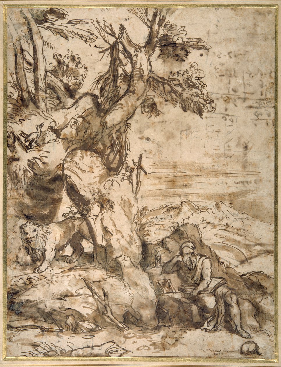 Pyhä Hieronymus lukemassa erämaassa, Tizianin jälkeen (n. 1488-1576) (ruokokynä ja ruskea muste ruskealla pesulla kermanvärisellä paperilla) tekijältä Pier Francesco Mola