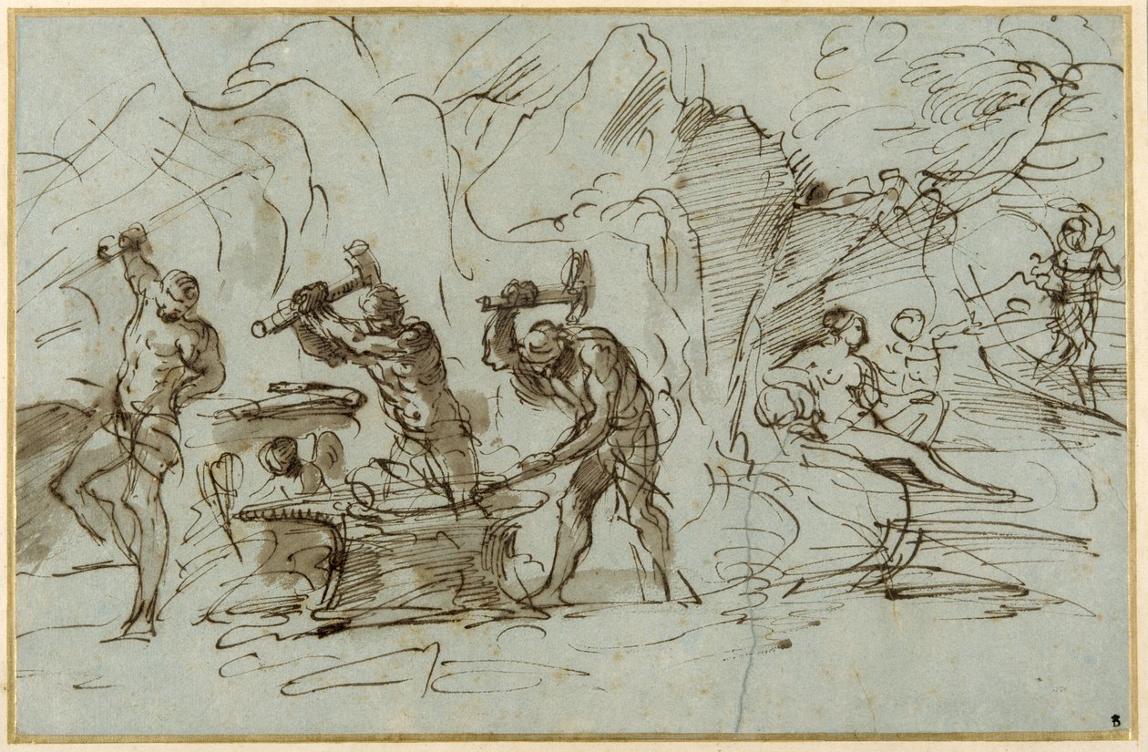 The Forge of Vulcan (kynä & muste pesulla, korotettu guassilla paperille) tekijältä Pier Francesco Mola