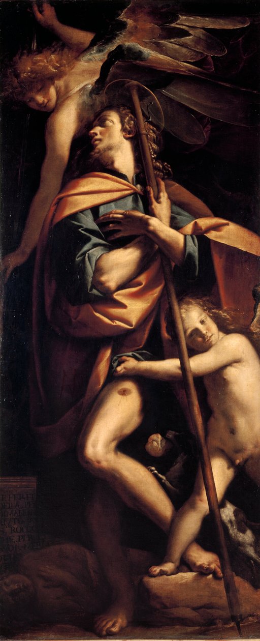 Saint Roch Pyhä kantaa jalassaan ruttokuumetta. Francesco Mazzucchellin maalaus dit il Morazzone (1573-1626) 1610-1615 Mitat 240x100 cm Milano, Castello Sforzescon kansalaiskokoelmat tekijältä Pier Francesco Morazzone