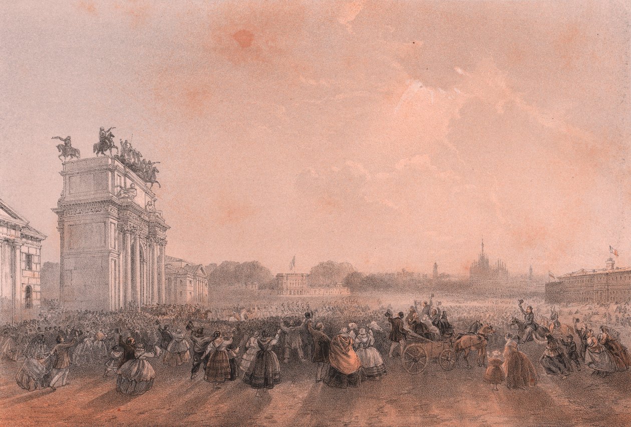 Vittorio Emanuele II:n ja Napoleon II:n sisäänkäynti Milanossa, Lombardiassa tekijältä Blaise Nicolas Le Sueur