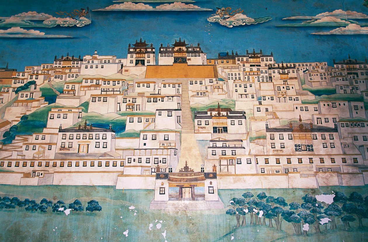 Fresko, joka kuvaa kaupunkia Ganden Sumtsenlingin luostarissa (gompa), Zhongdian (tiibetiksi Gyalthang, Kiinan hallitus nimesi vuonna 2001 Shangri-Laksi edistääkseen matkailua tällä Tiibetin ylätasangon alueella), Yunnanin maakunnassa Kiinassa tekijältä Blaise Nicolas Le Sueur