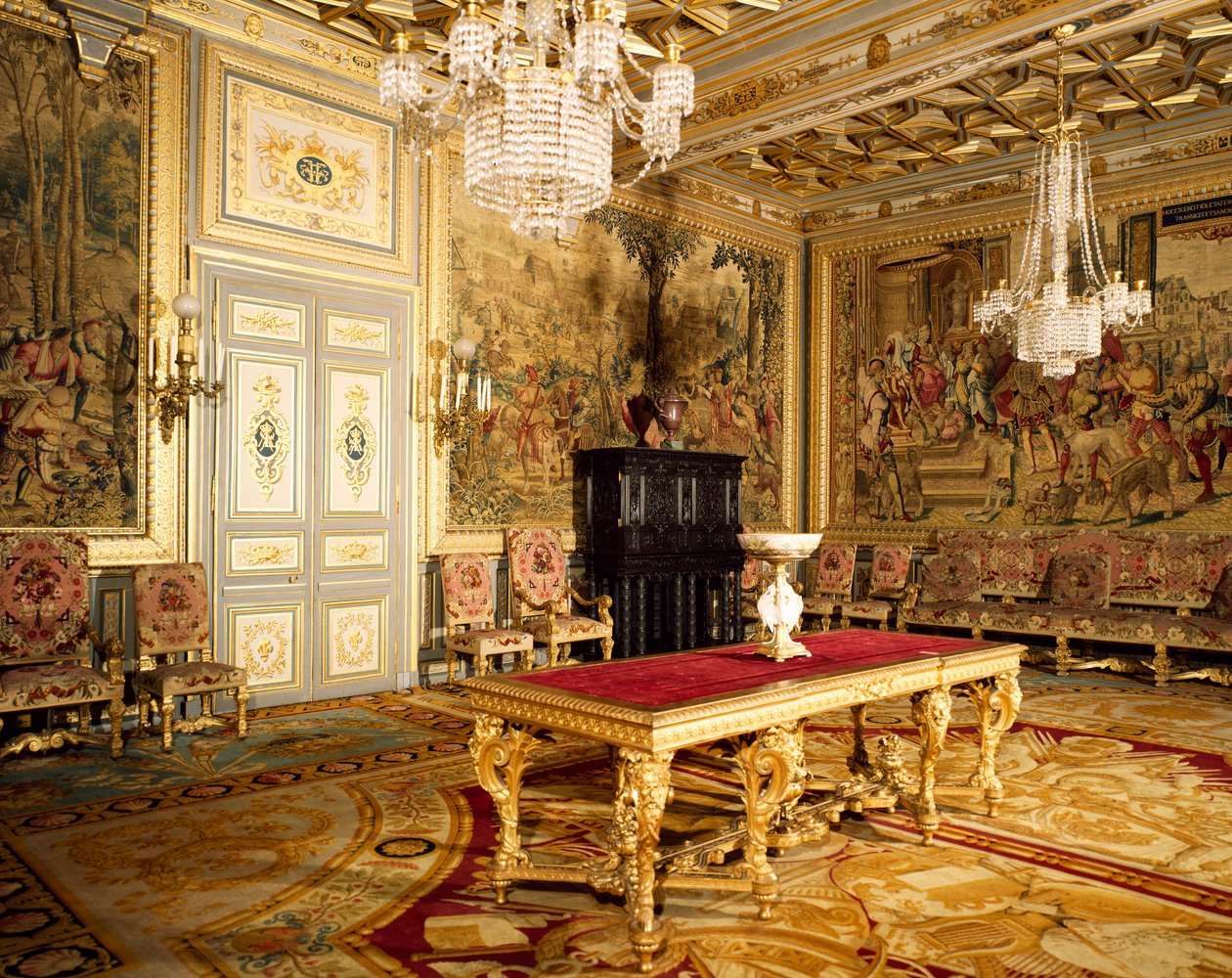 Maximilianin kuvakudosten metsästys Francis I:n huoneen seinillä, Chateau de Fontainebleaussa tekijältä Blaise Nicolas Le Sueur