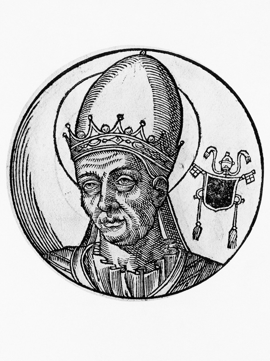 Muotokuva Benedictus I:stä (Benedictus Bonosus, kuollut 579), katolisen kirkon 62. paavi vuodesta 575, kaiverrus tekijältä Blaise Nicolas Le Sueur