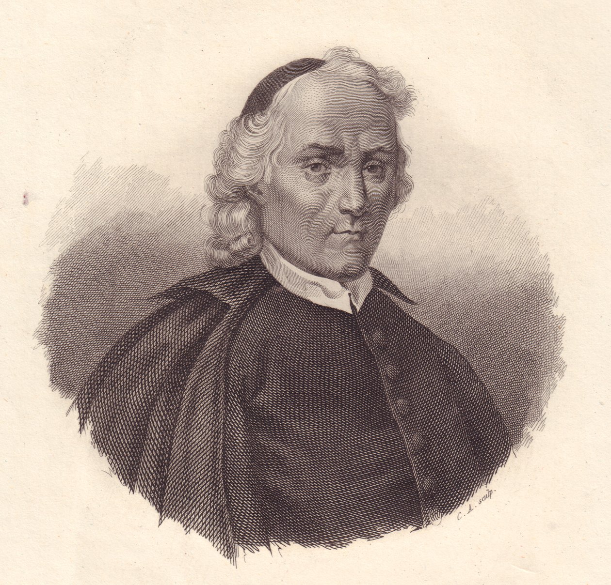 Italian presbyteerin ja historioitsija Ludovico Antonio Muratorin (1672-1750) muotokuva, kuparikaiverrus tekijältä Blaise Nicolas Le Sueur