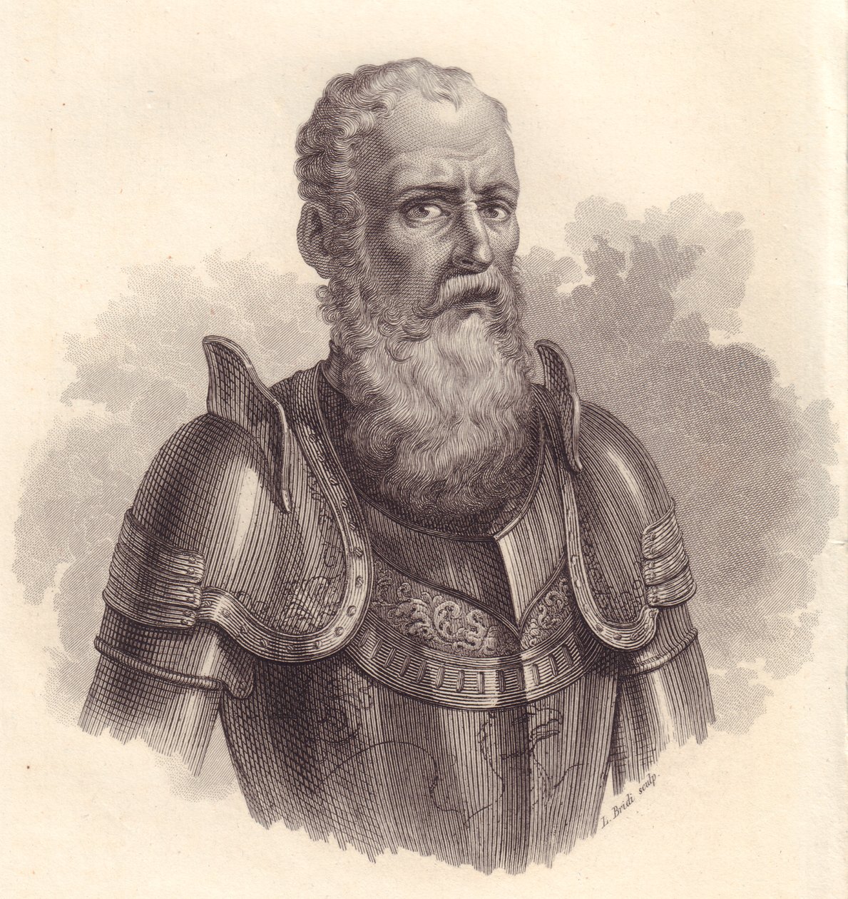 Italian sotilasjohtajan Ezzelino III da Romanon tai Ecelino da Romanon (1194-1259) muotokuva, kuparikaiverrus tekijältä Blaise Nicolas Le Sueur
